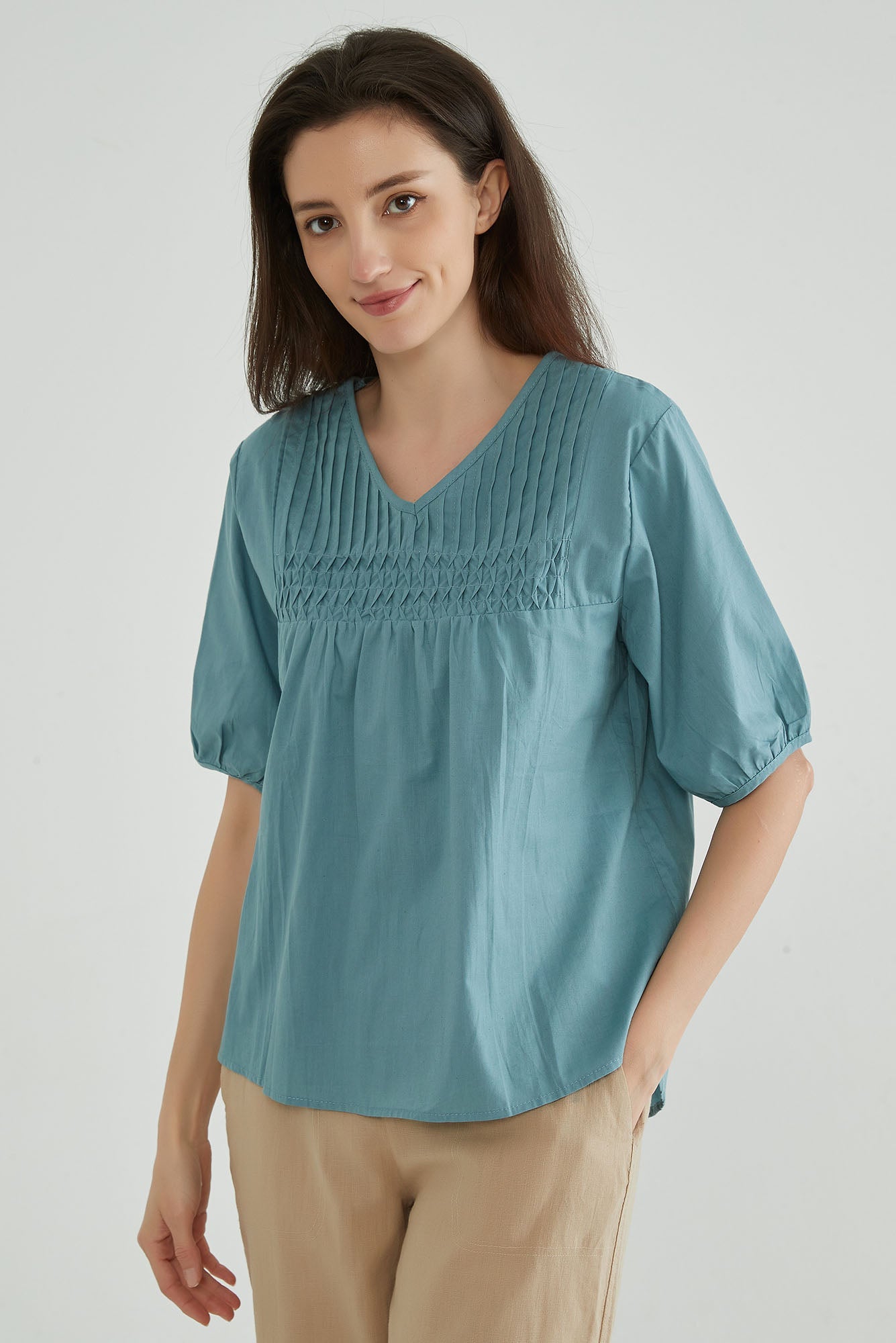 Moonstone Blue Cotton Tops for Women - Whisper Mint